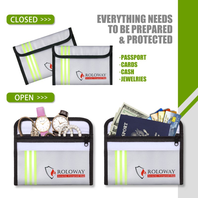 ROLOWAY Small Fireproof Bag (5 x 8 inches) with Reflective Strip  Non-Itchy Fireproof Money Bag  Fireproof Wallet Bag  Cash Fireproof Bag Set for Valuables - Passport  Currency & Keys (2-Pack Silver) - Image 5